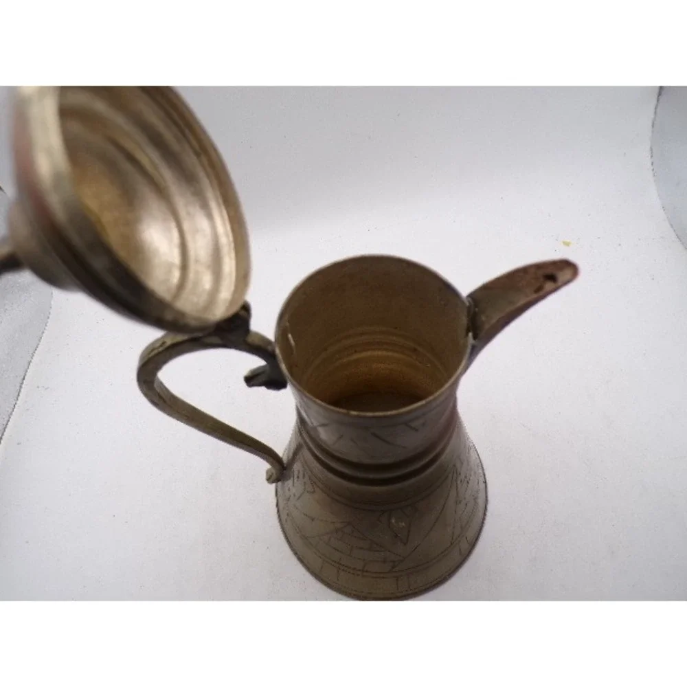 Vintage Brass Dallah Coffee Pot Hand Etched Egyptian Pyramid Design 7.5‎ Inch
